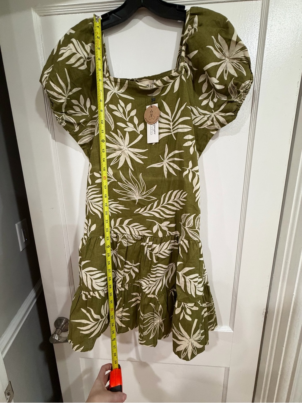 Olive Green Tropical Print Puff Sleeve Mini Dress NWT medium - Picture 9 of 11